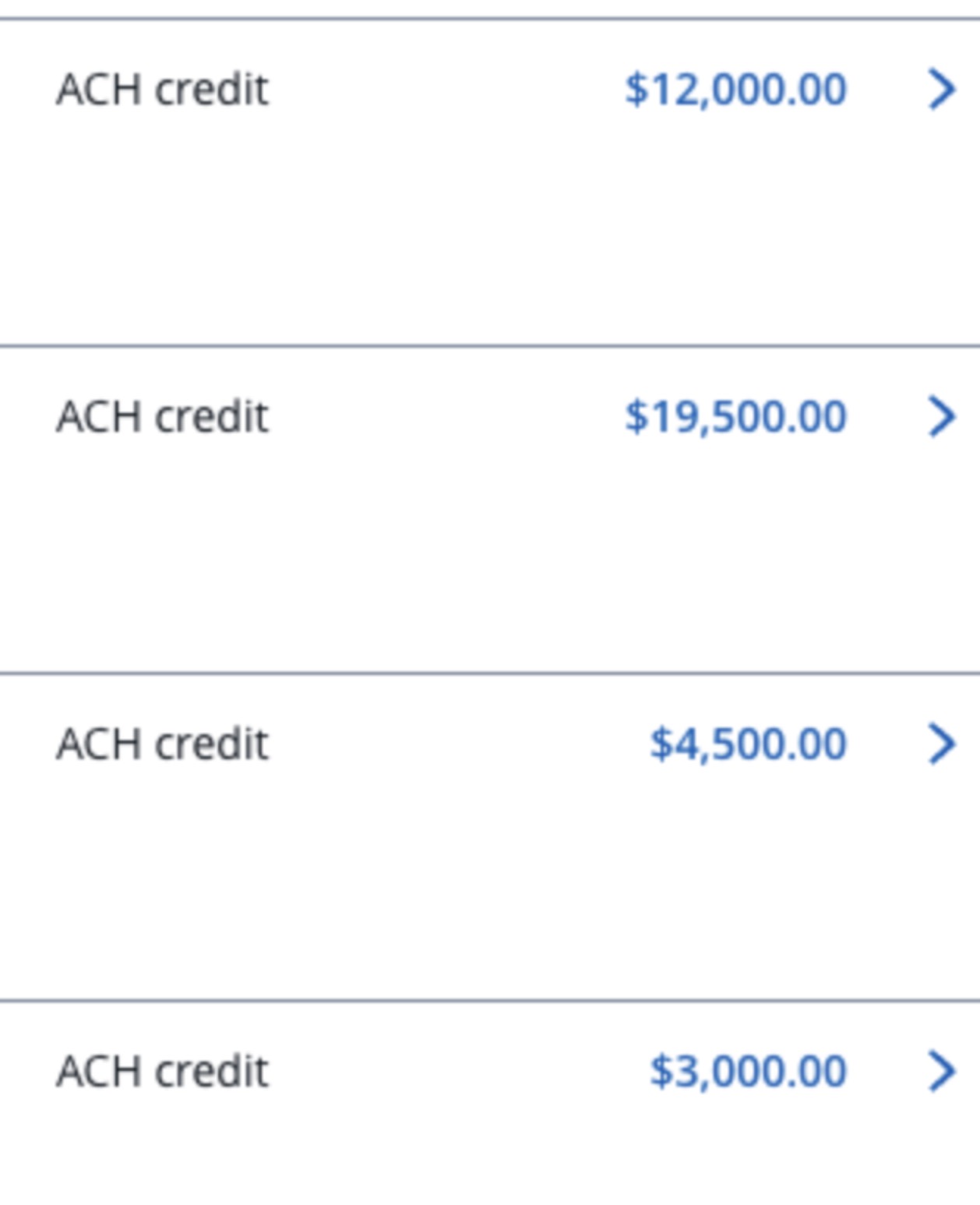 SmartBound incoming ACH credits — $12,000, $19,500, $4,500, $3,000