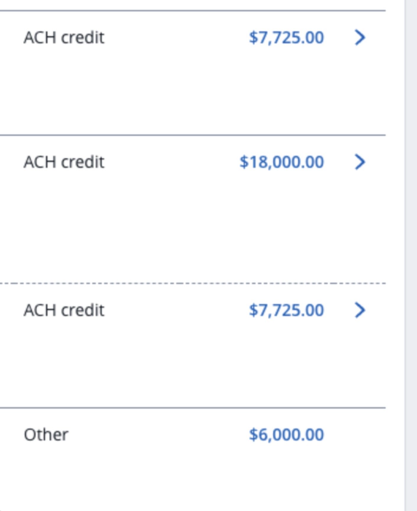 SmartBound incoming ACH credits — $7,725, $18,000, $7,725, $6,000