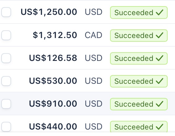 Corey's succeeded Stripe client payments, USD and CAD