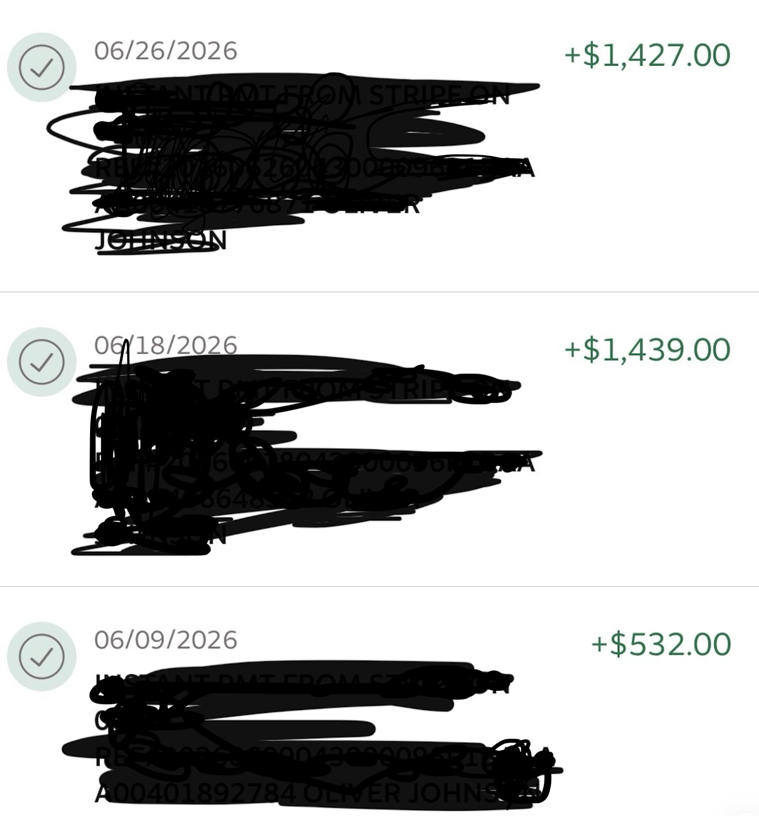 Oliver's incoming Stripe payments, June 2026 — account details redacted