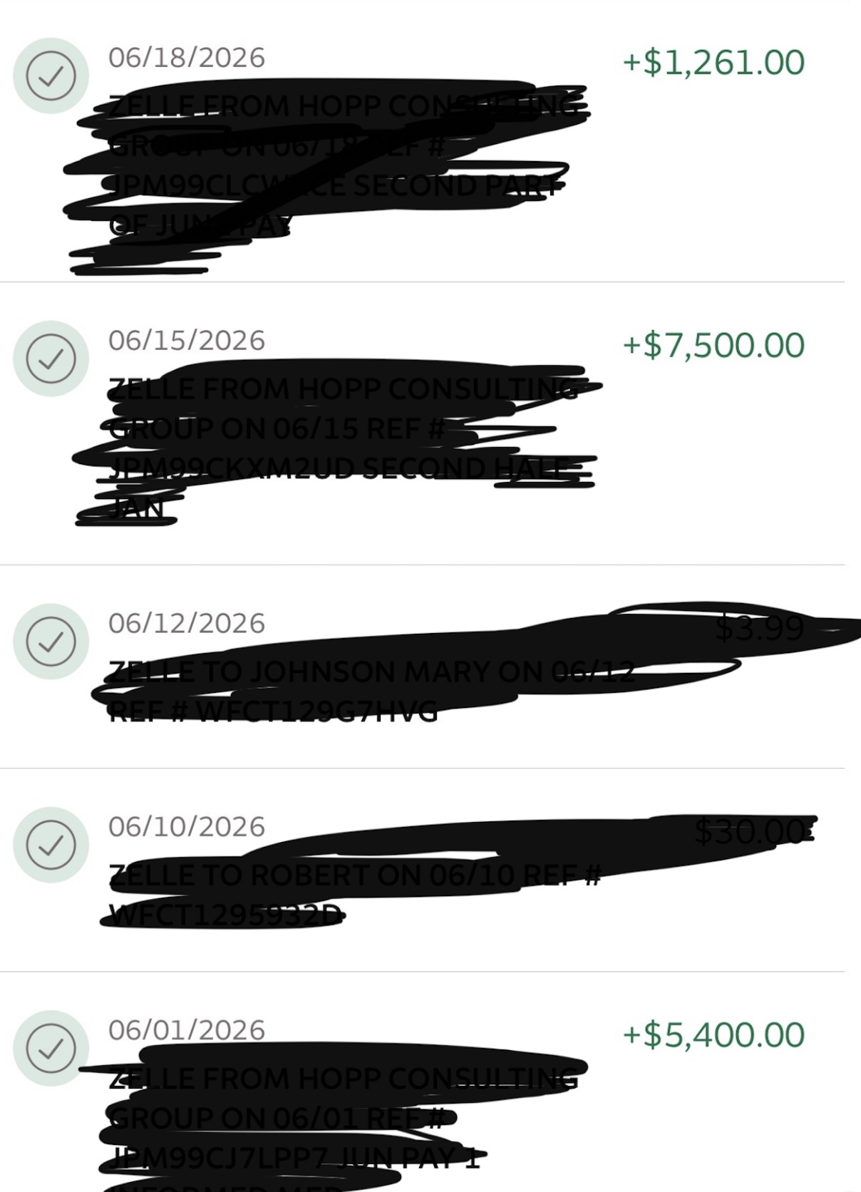 Oliver's incoming client payments, June 2026 — account details redacted
